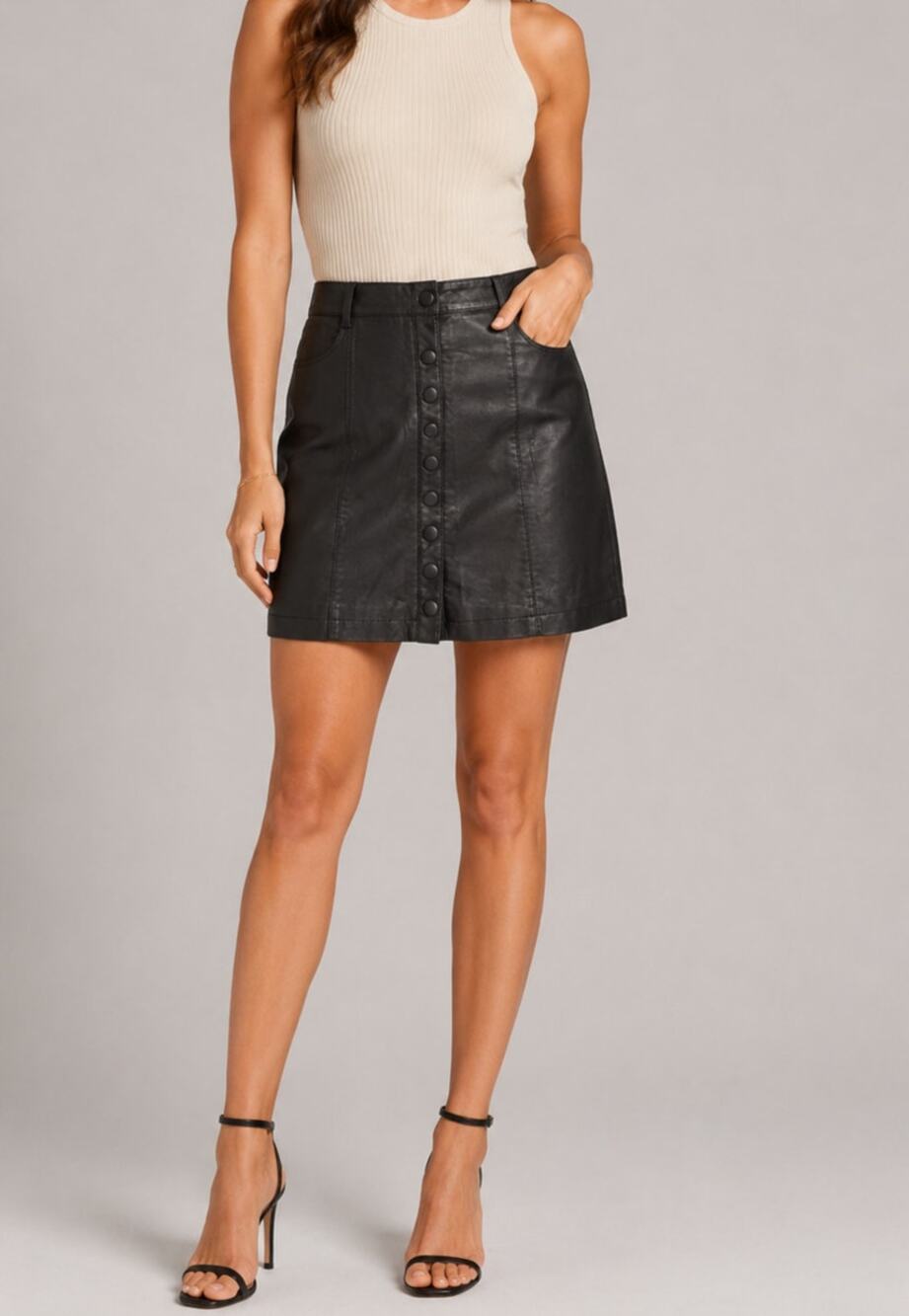 Free People Oh Snap Vegan Leather Mini Skirt 0 Black Snap Button Front Women XS